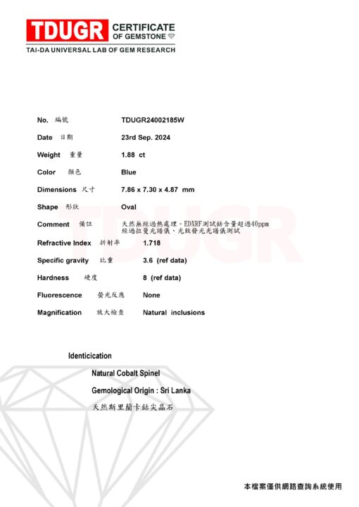 靜藍星辰｜天然無燒斯里蘭卡鈷尖晶石戒指｜1.88克拉・TDUGR證書・圓形切割：圖片 2